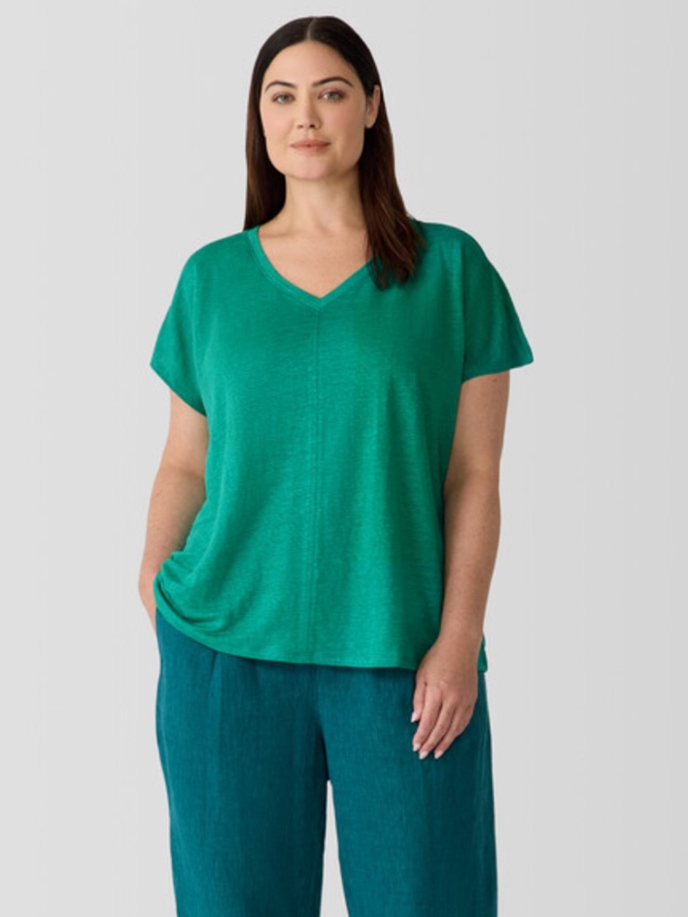 NWT Eileen Fisher Linen Jersey V Neck Tee in Sea Star, Size 1X